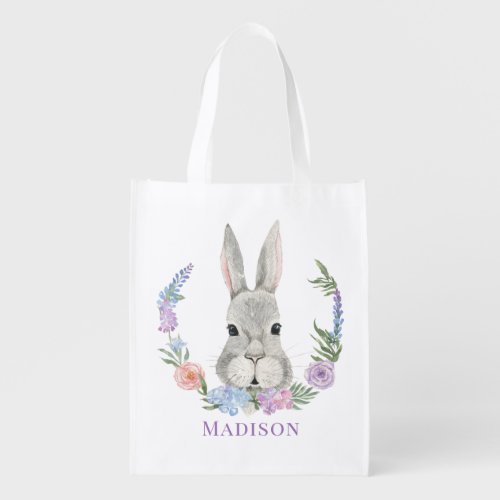 Easter Bunny Rabbit Watercolor Floral Personalized Grocery Bag