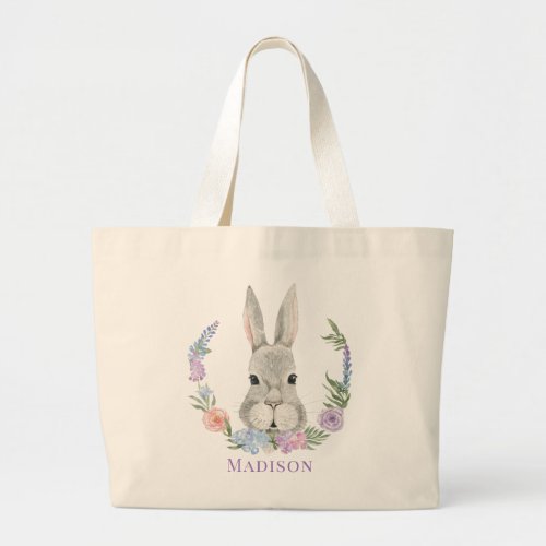 Easter Bunny Rabbit Watercolor Floral Personalized Large Tote Bag