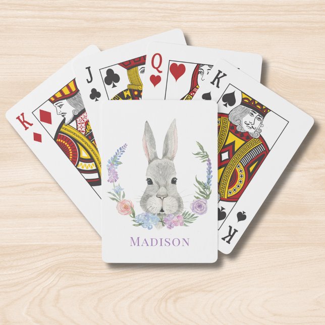 Easter Bunny Rabbit Watercolor Floral Personalized Poker Cards (Creator Uploaded)