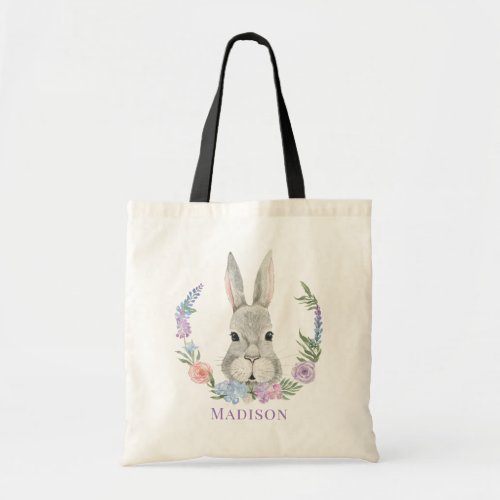 Easter Bunny Rabbit Watercolor Floral Personalized Tote Bag