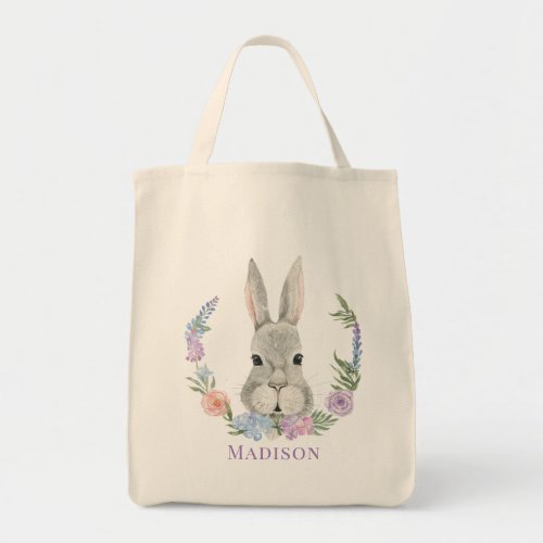 Easter Bunny Rabbit Watercolor Floral Personalized Tote Bag