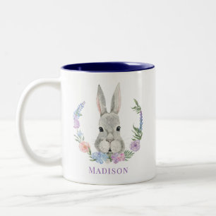 Easter Bunny Rabbit Watercolor Floral Personalized Two-Tone Coffee Mug