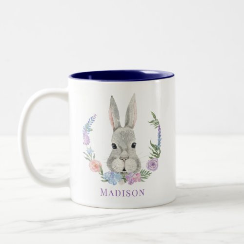 Easter Bunny Rabbit Watercolor Floral Personalized Two_Tone Coffee Mug