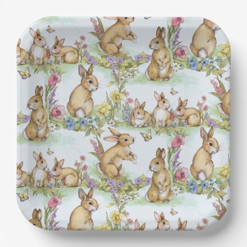 Easter Bunny Rabbits in a Spring Garden Paper Plates