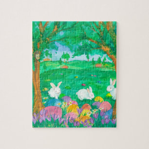 Easter Bunny Rabbits Watercolor Painting Jigsaw Puzzle