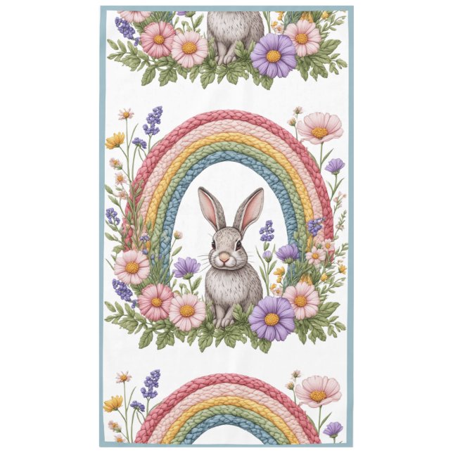 Easter Bunny Rainbow Art Spring Wildflowers Meadow Tablecloth (Front)