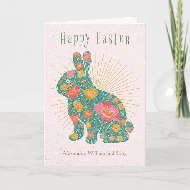Easter Bunny Retro Floral Personalized Holiday Card (Front)