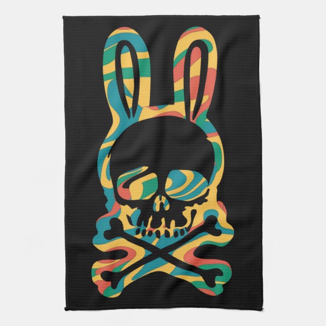 Easter Bunny Retro Tie Dye Bunny Skull Cross Bone Kitchen Towel (Vertical)