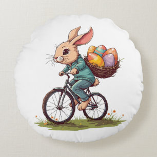 Easter Bunny Riding a Bicycle with Basket of Eggs Round Pillow