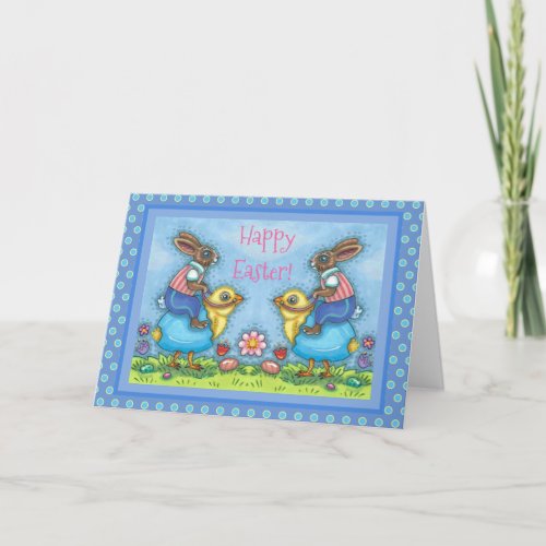 EASTER BUNNY RIDING CUTE CHICK IN BLUE EGG Blank Holiday Card