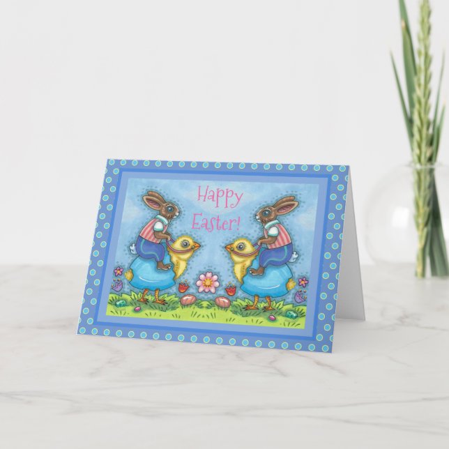 EASTER BUNNY RIDING CUTE CHICK IN BLUE EGG Blank Holiday Card (Front)