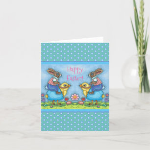EASTER BUNNY RIDING CUTE CHICK IN BLUE EGG, WHIMSY HOLIDAY CARD
