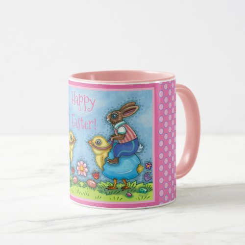 EASTER BUNNY RIDING CUTE CHICK IN BLUE EGG WHIMSY MUG