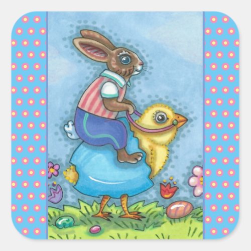 EASTER BUNNY RIDING CUTE CHICK IN BLUE EGG WHIMSY SQUARE STICKER