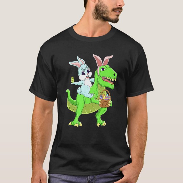 Easter Bunny Riding Dinosaur T Rex Easter Egg Cost T-Shirt (Front)
