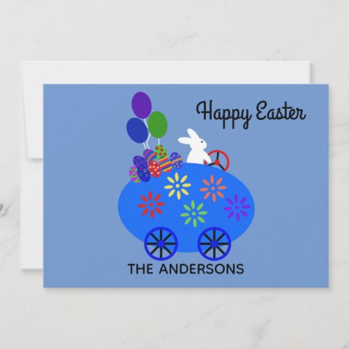 Easter Bunny Riding Egg Car 3 Holiday Card