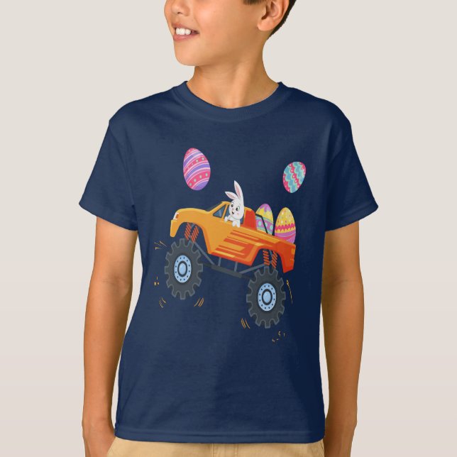 Easter Bunny Riding Monster Truck Cute Boys Kids T-Shirt (Front)