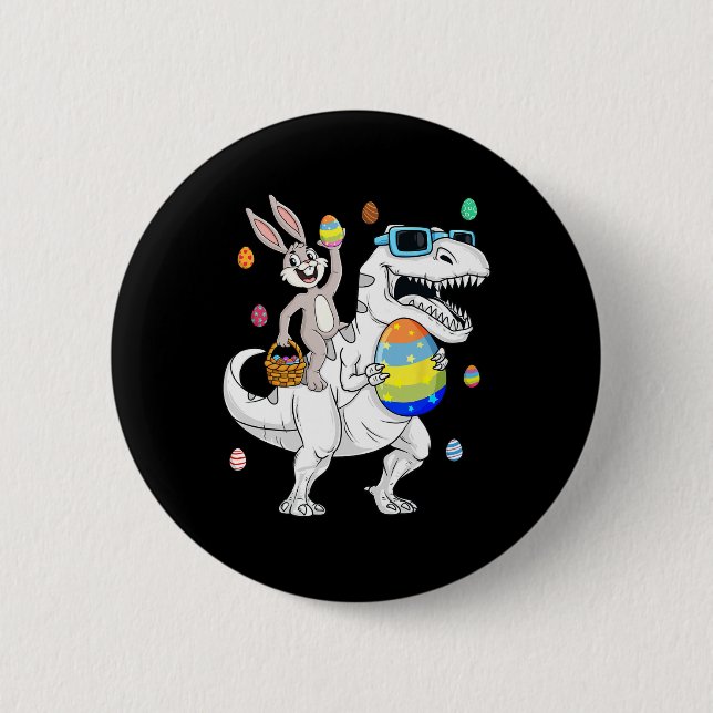 Easter Bunny Riding T Rex Dinosaur Fun Eggs Boys G Button (Front)