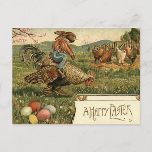 Easter Bunny Rooster Colored Egg Riding Holiday Postcard