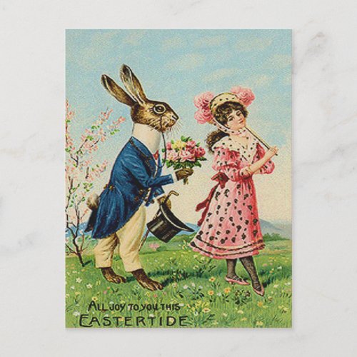 Easter Bunny Rose Victorian Woman Landscape Holiday Postcard
