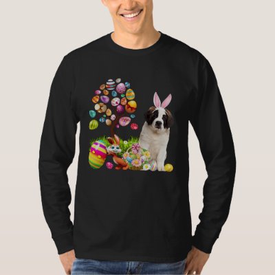 Easter Bunny Saint Bernard Dog Ear Tree Egg Basket T-Shirt