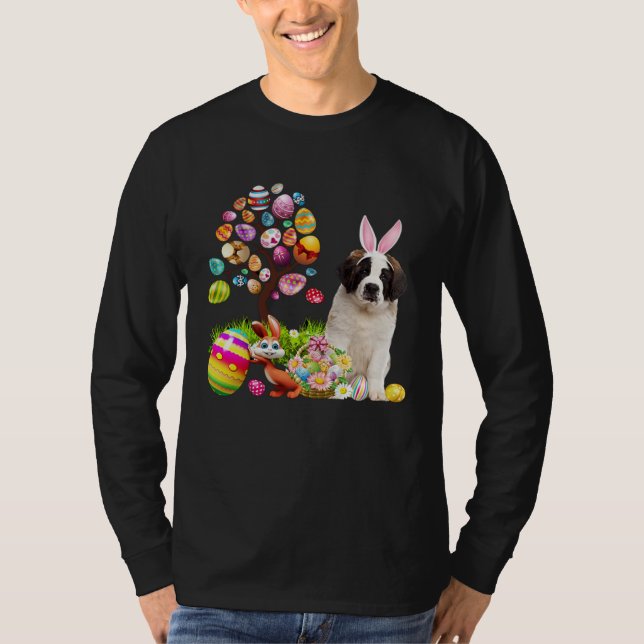 Easter Bunny Saint Bernard Dog Ear Tree Egg Basket T-Shirt (Front)