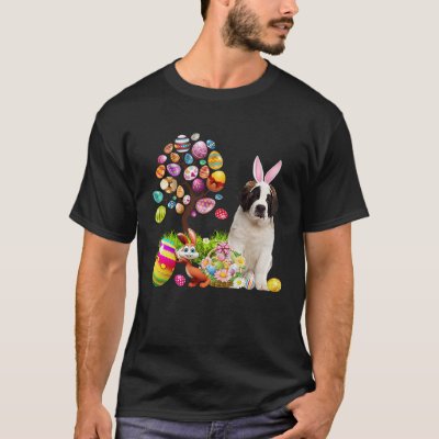 Easter Bunny Saint Bernard Dog Ear Tree Egg Basket T-Shirt
