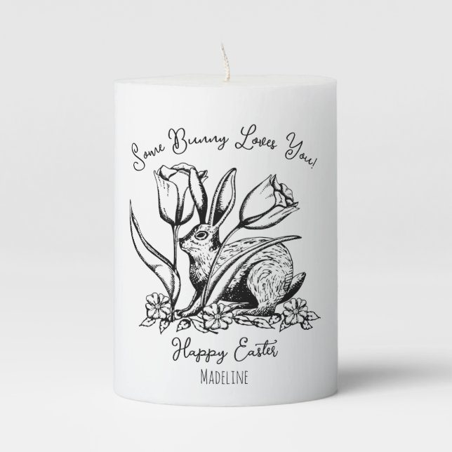 Easter Bunny Some Bunny Loves You Black and White Pillar Candle (Front)