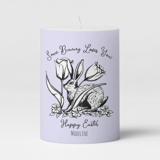 Easter Bunny Some Bunny Loves You Pastel Purple Pillar Candle (Front)