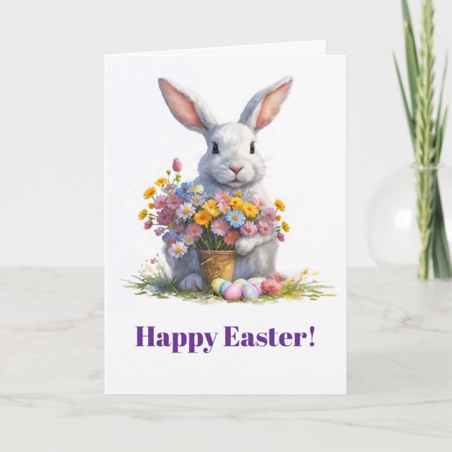 Easter Bunny Spring Flowers in a Flowers Holiday Card (Front)