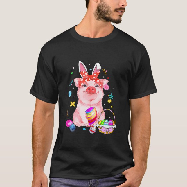 Easter Bunny Spring Pig Bow Egg Hunting Basket T-Shirt (Front)