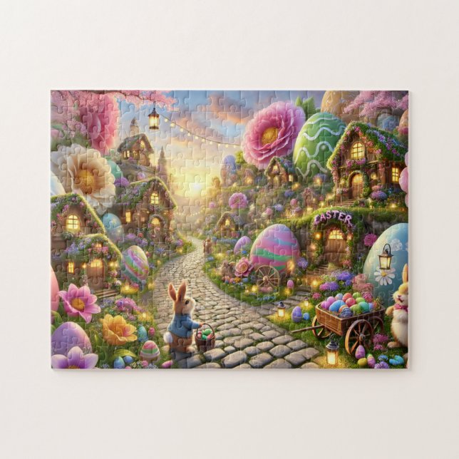 Easter Bunny Village Whimsical Spring Scene Jigsaw Puzzle (Horizontal)