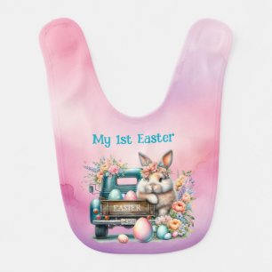 Easter Bunny - Vintage Blue Truck, Flowers, Eggs  Baby Bib