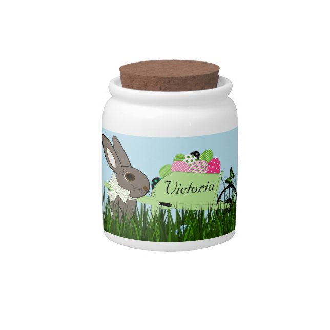 Easter Bunny w Wheelbarrow of Eggs Candy Jars (Front)