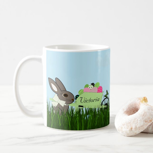 Easter Bunny w Wheelbarrow of Eggs Coffee Mug (With Donut)