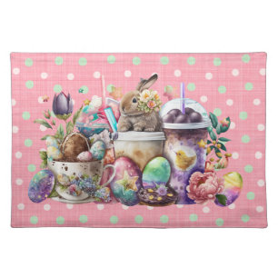 Easter Bunny Watercolor Coffee Drinks Cloth Placemat