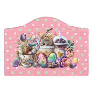 Easter Bunny Watercolor Coffee Drinks Door Sign