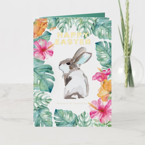 Easter Bunny Watercolor Flowers Foil Greeting Card