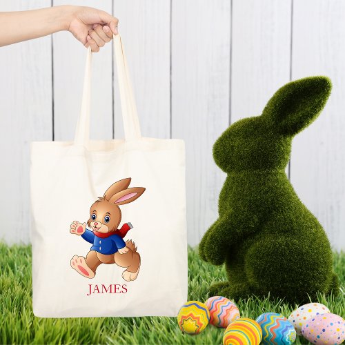 Easter Bunny Wearing Blue Jacket Personalized Name Tote Bag