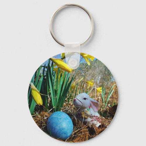 Easter Bunny   white Rabbit  blue egg Keychain