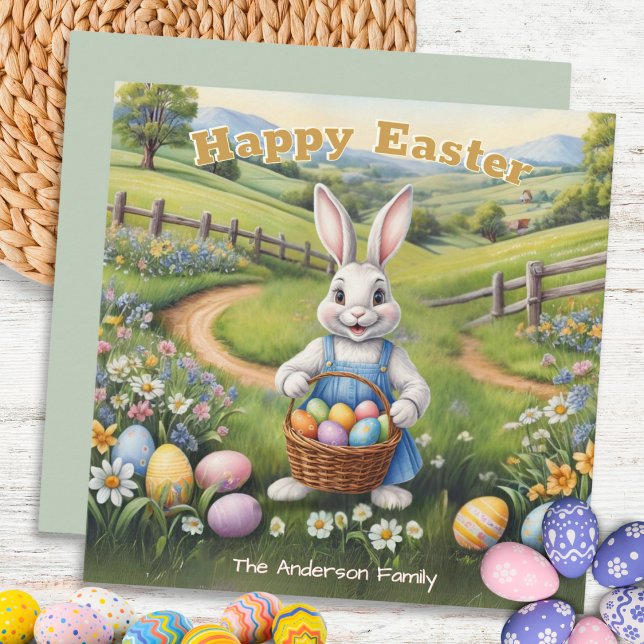Easter Bunny with Basket of Eggs Cute Spring Holiday Card (A personalized Easter card with illustration of the Easter bunny with a basket of colorful eggs)