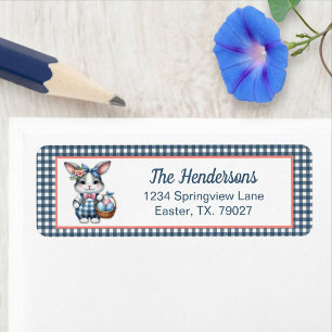 Easter Bunny with Basket of Eggs on Blue Gingham Label