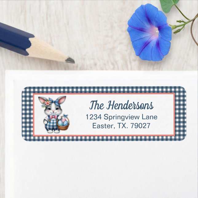 Easter Bunny with Basket of Eggs on Blue Gingham Label (Creator Uploaded)
