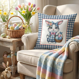 Easter Bunny with Basket of Eggs on Blue Gingham Throw Pillow