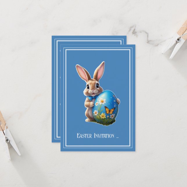 Easter bunny with blue bow -  invitation (Front/Back In Situ)