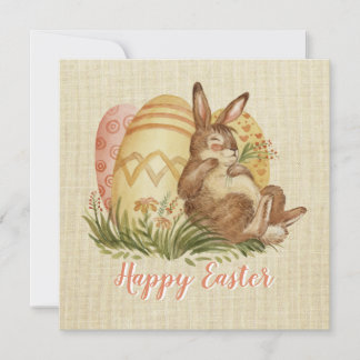 Easter Bunny With Colored Eggs Watercolor Card 