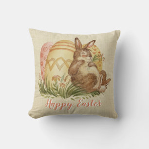 Easter Bunny With Colored Eggs Watercolor Throw Pillow