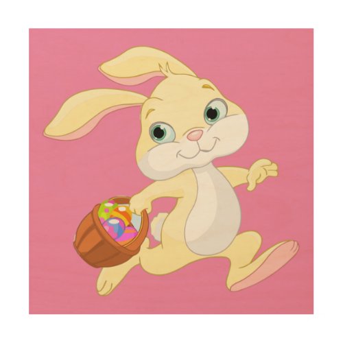 EASTER BUNNY WITH COLORFUL EASTER EGG BASKET WOOD WALL ART