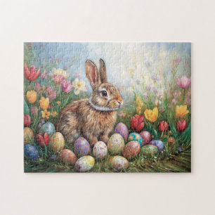 Easter Bunny with Colorful Tulips Painting Jigsaw Puzzle