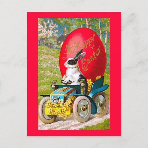 Easter Bunny With Cool Car Vintage Floral Holiday Postcard